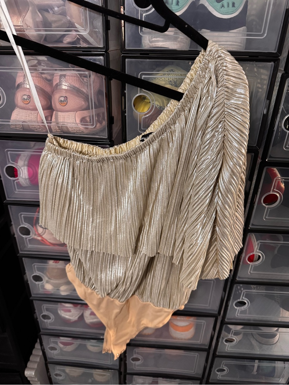 Express Metallic Gold One-Shoulder Pleated Bodysuit